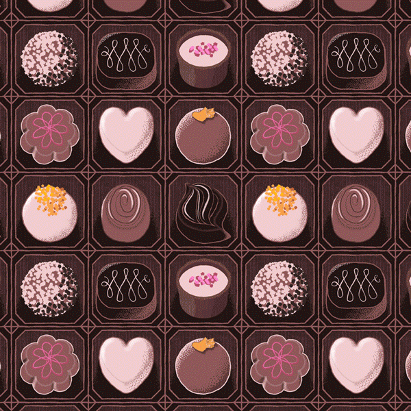 A GIF of surface pattern examples, on themes including chocolate, tea, fire, wildflowers and tides