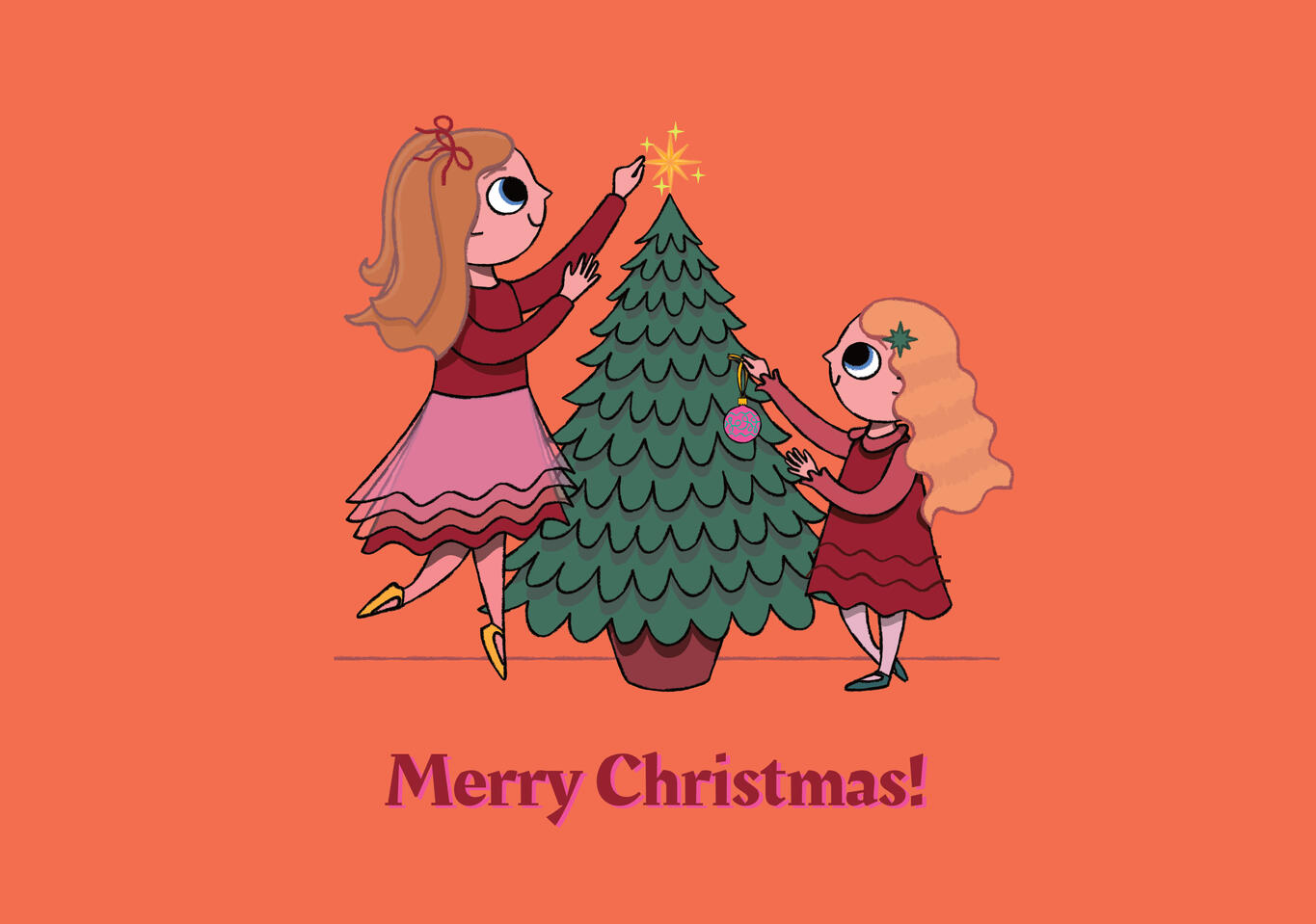 A digital illustration of two young children decorating a Christmas tree, used as a Christmas card design